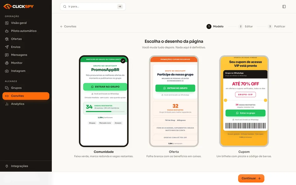 Criação de convite inteligente, passo Modelo: três desenhos de página — Comunidade, Oferta e Cupom — em molduras de celular.