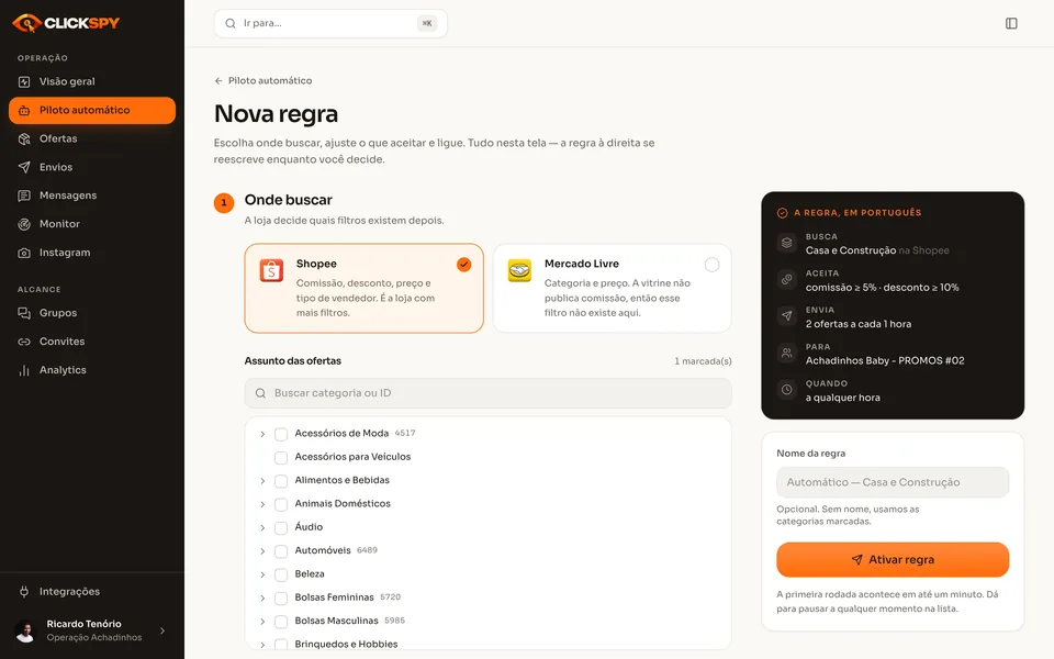 Tela Nova regra do piloto automático: Shopee escolhida, categoria Casa e Construção marcada e o painel A regra, em português, resumindo busca, filtros, ritmo e grupo de destino.